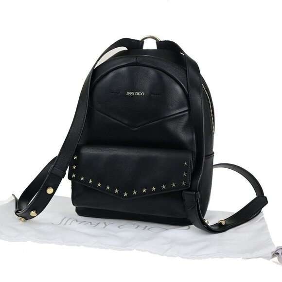 JIMMY CHOO Logo Star Studded Backpack Bag Leather Black GHW - Picture 1 of 16